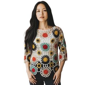 Alice & You Crochet granny square artsy hippie whimsical boho Floral Top